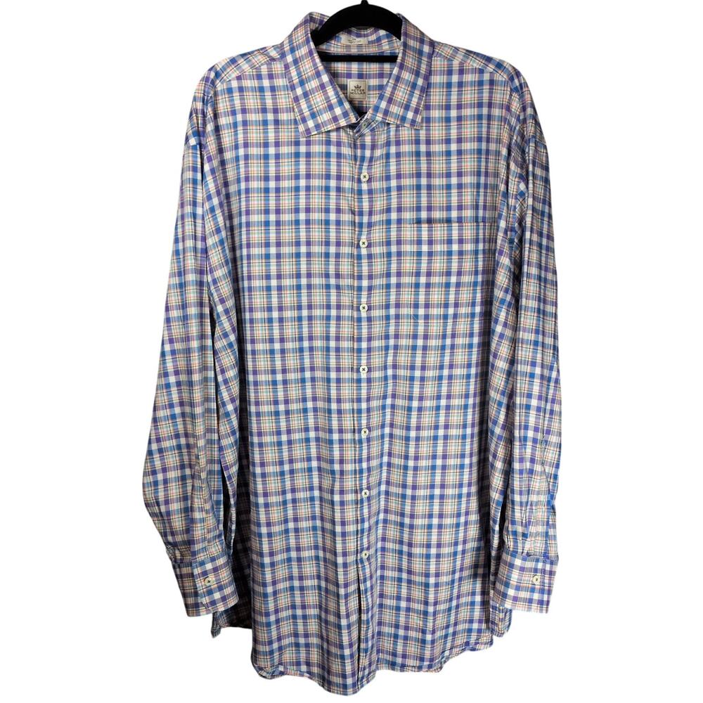 Peter Millar Plaid Mens Button Down Dress Shirt Long Sleeve Blue Purple Size 2XL